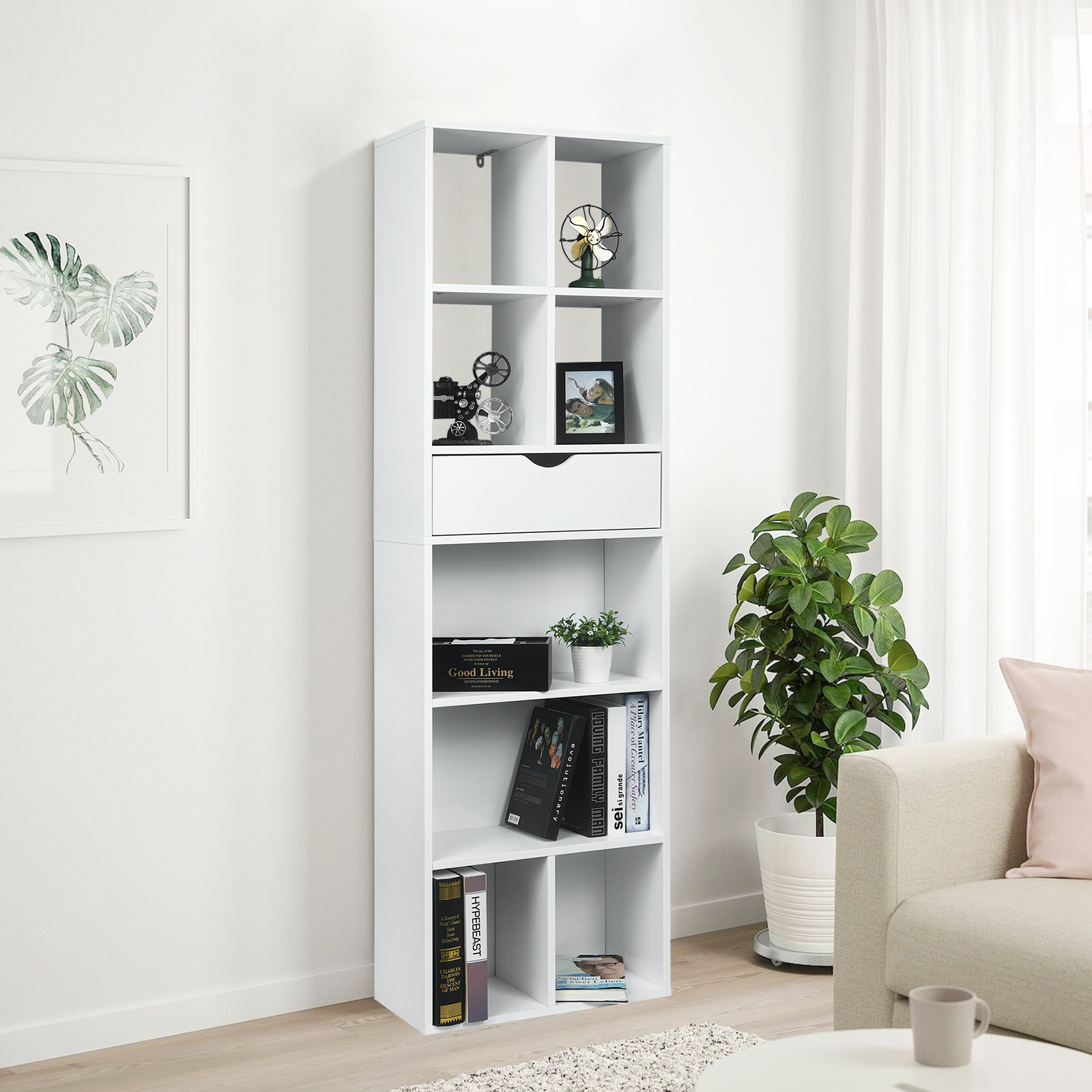 Bücherregal 9 Fächer Bücherschrank Standregal mit Schublade Aktenregal