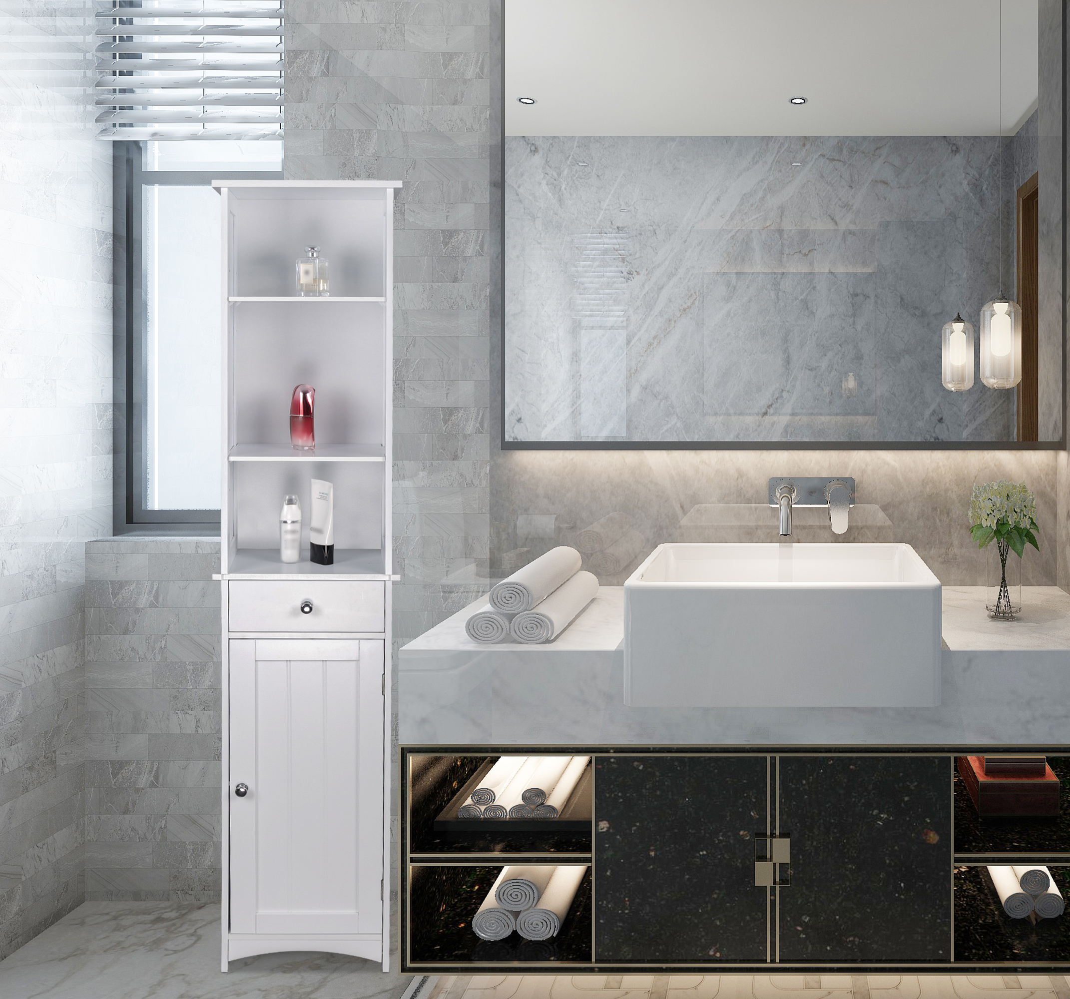 Badschrank Küchenschrank Hochschrank Ablage verstellbar aus MDF Weiß