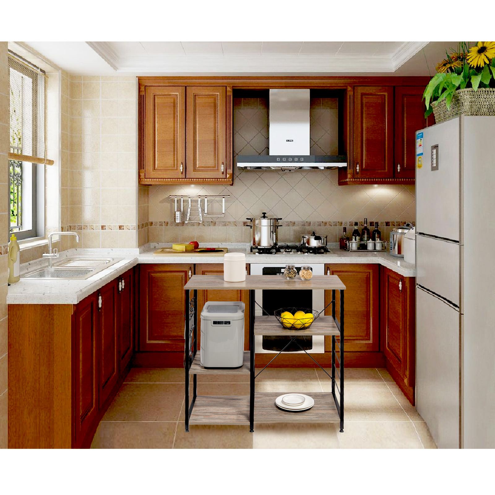 Standregal Mikrowellenhalter mit Haken 3 Böden Küchenregal MDF Stahl