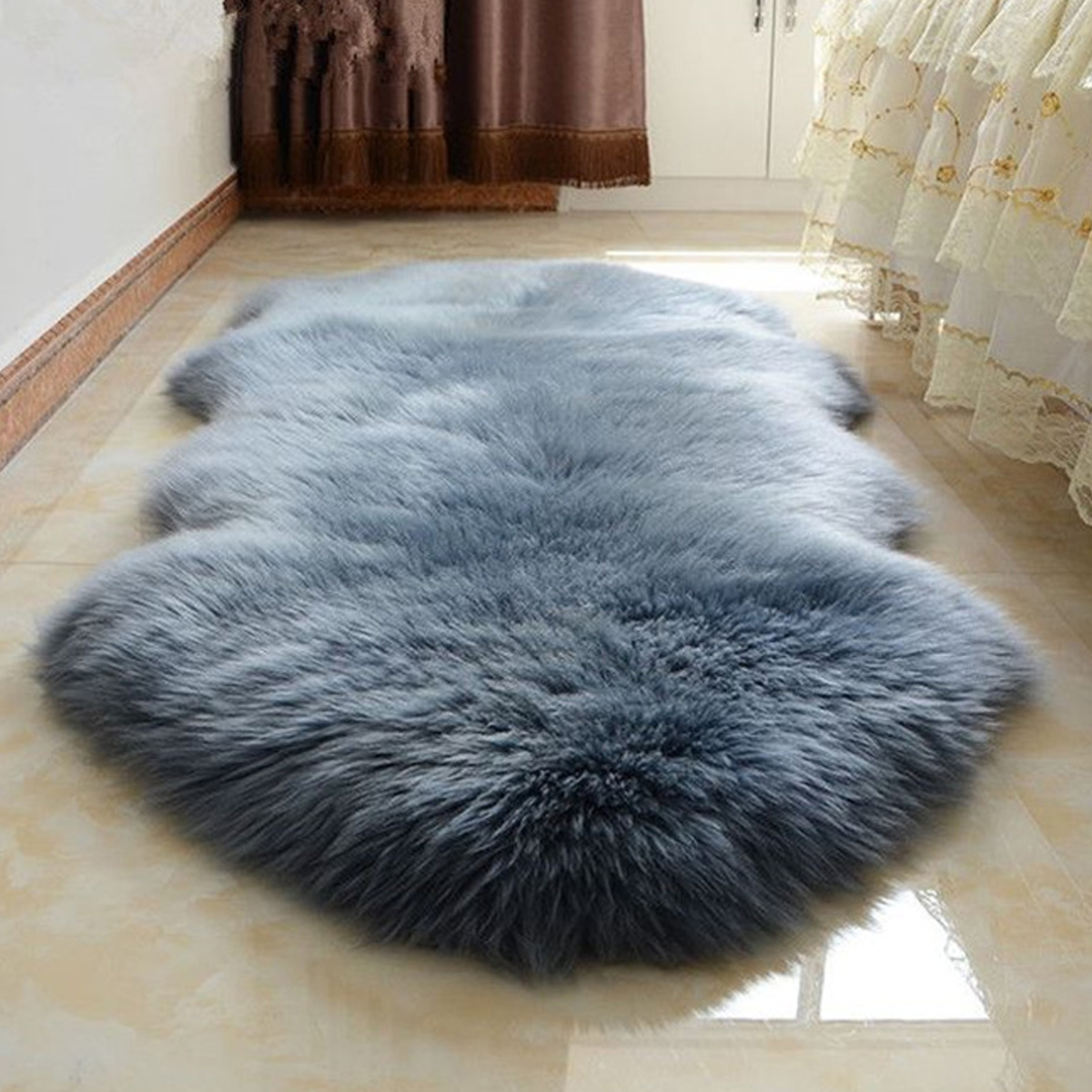 Öko Lammfell Schaffell Teppich Sofa echtes Fell (90-104)*60cm Grau